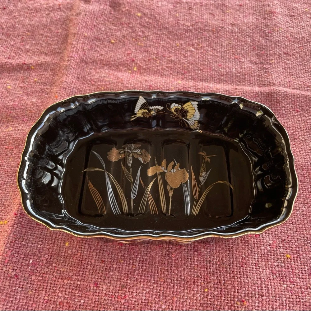Kutani | Vintage Japanese Black Gold Iris Butterfly Soap Trinket Dish | Fairy